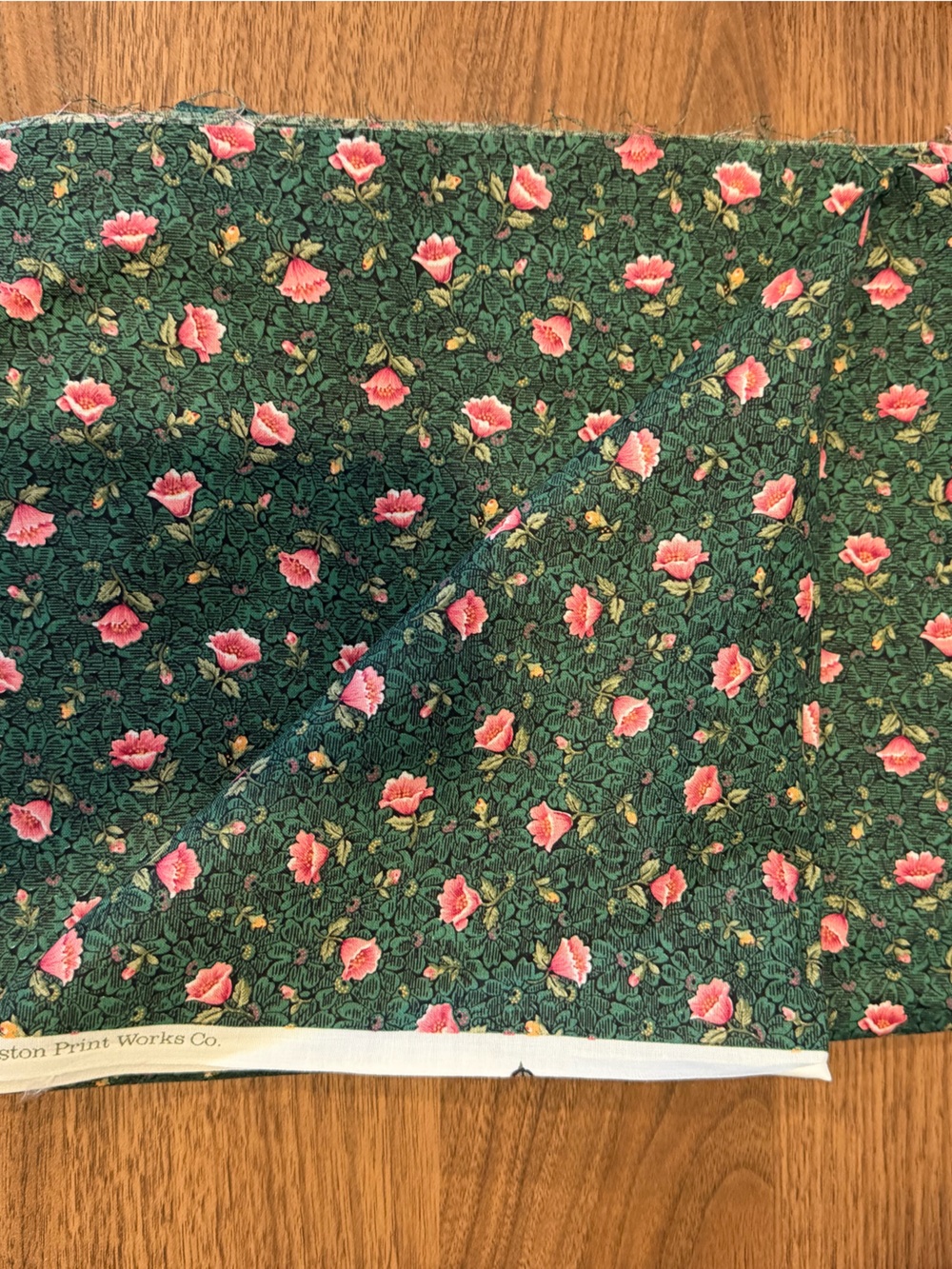 Green Floral Cotton Fabric with Pink Blossoms